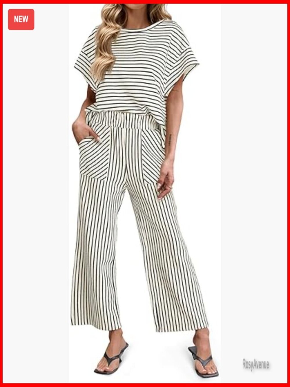 Striped 2 Piece Lounge Set Short Sleeve Top Wide Leg Pants with Pockets